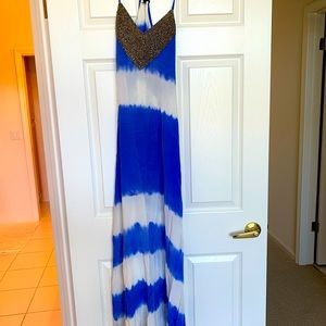 COPY - Beautiful Blue And White Karina Grimaldi Maxi Dress With Beaded Detail. …